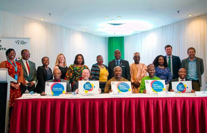 The Hon Minister of State for Health Hon Ekunmaka (center) leading Ambassadors, United Nations and United States Government heads of agencies in calling the world to fight for what counts