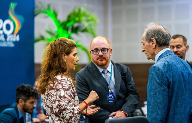 Ana Estela Haddad, National Secretary of Information and Digital Health, Ministry of Health, Brazil; Matthew Kavanagh, UNAIDS: Professor Michael Marmot. G20 meeting. Salvador, Brazil, 4 June 2024. Credit: Ministry of Health/Brazil