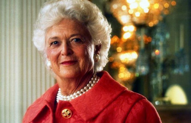 First Lady Barbara Bush in the White House East Room for an official White House portrait, January 1992.