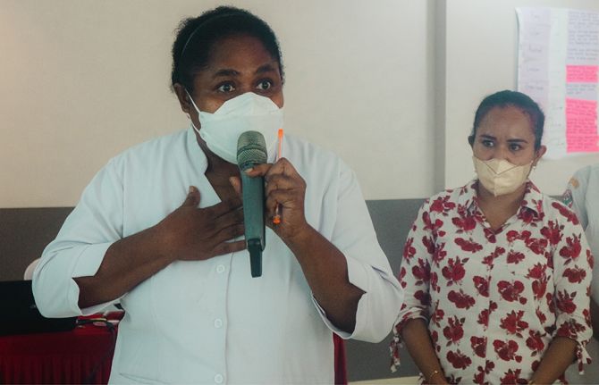 Hilda Rumboy, a midwife, participates in the sensitization training.